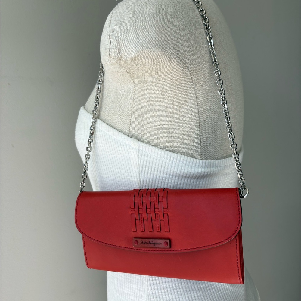 Salvatore Ferragamo Red Leather Woven Flap Wallet with Silver Chain insert